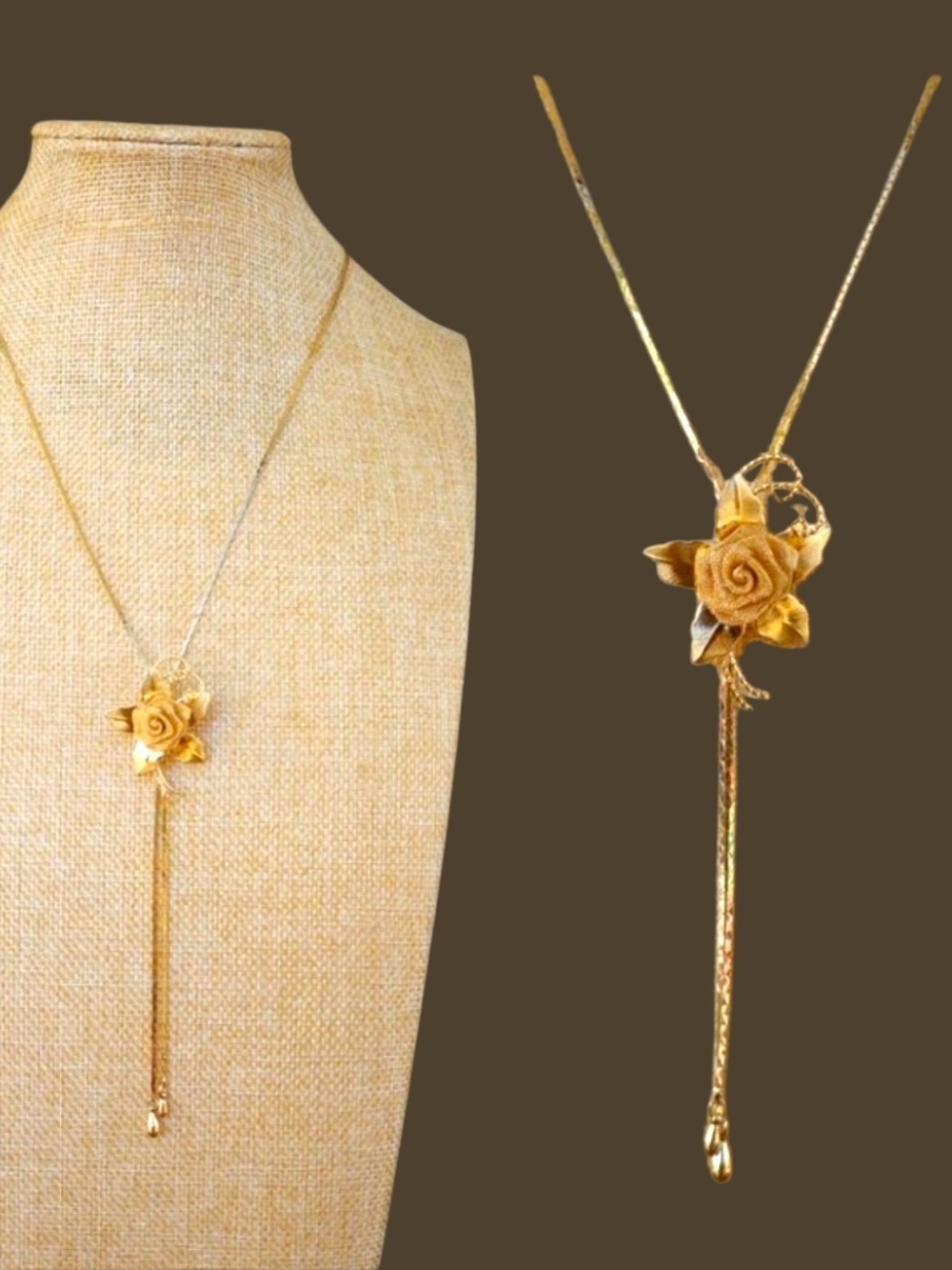 Gold Rose Pendant Lariat Necklace - Women Jewelry